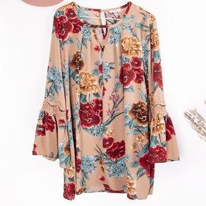 Brown Boho Floral Bell Sleeve Dress Tunic